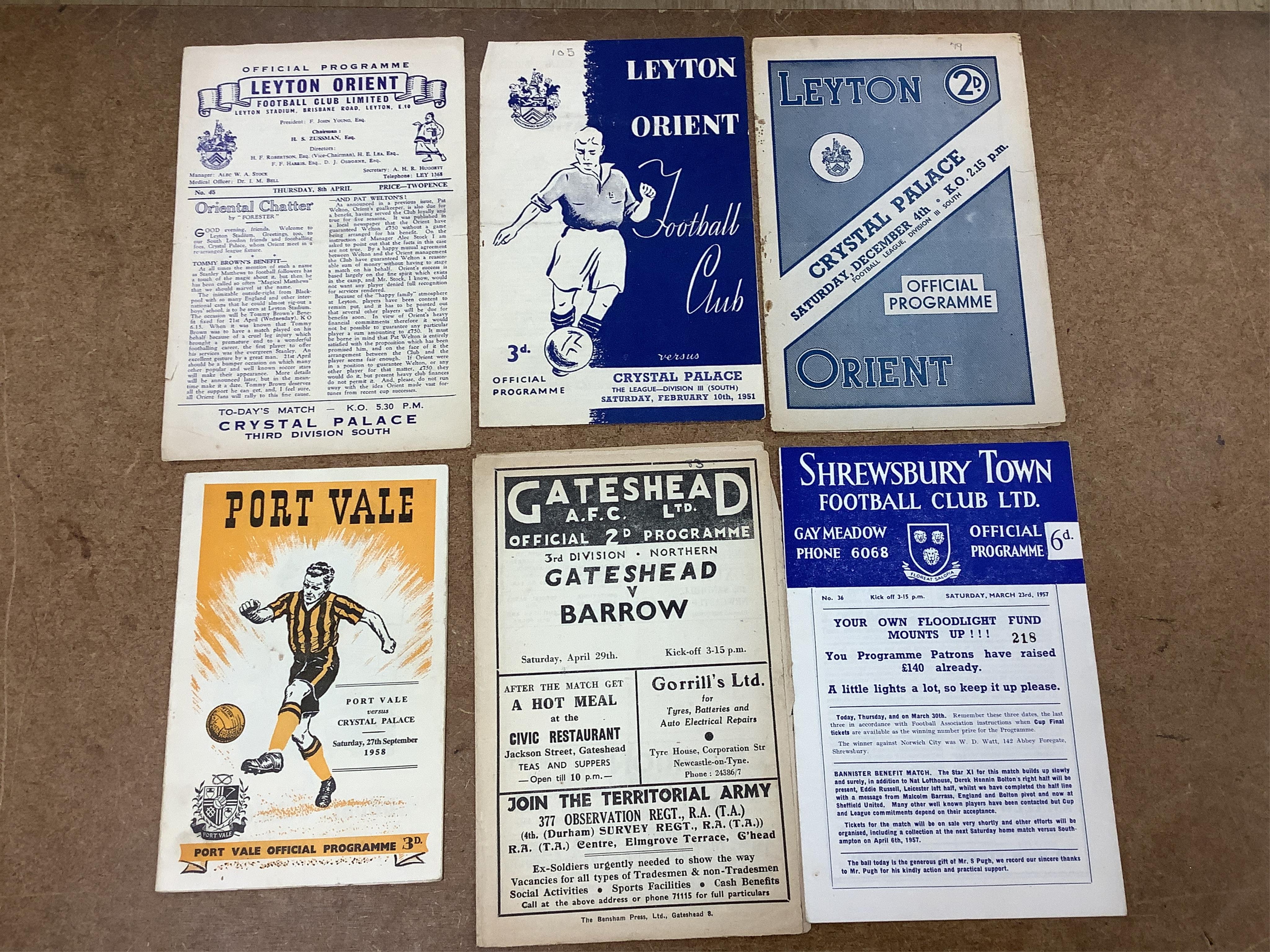 A collection of 1940s-70s football programmes, including Millwall, Fulham, Everton, Newcastle United, Crystal Palace, Leyton orient, Charlton Athletic, Brighton Hove Albion, Leicester City etc.